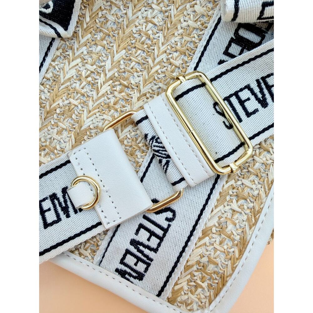 Steve Madden Crossbody Bag BWEBBER Straw White Logo Strap Woven Satchel Purse - Picture 3 of 4